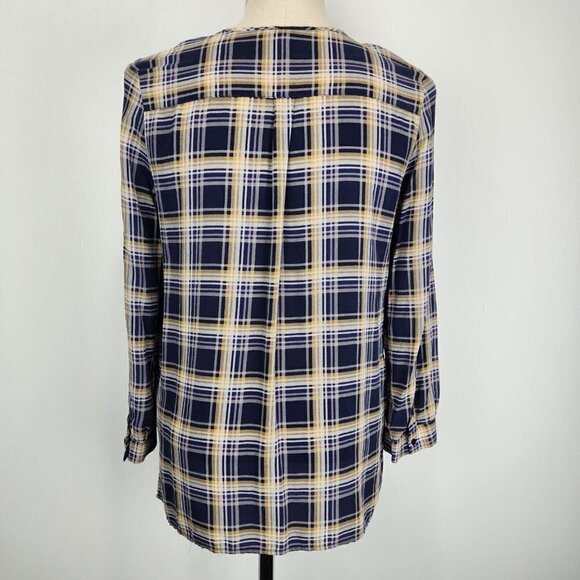 Joie Nepal Plaid Silk Popover Blouse M Long Sleeve Blue Yellow White Lightweight - Picture 4 of 9